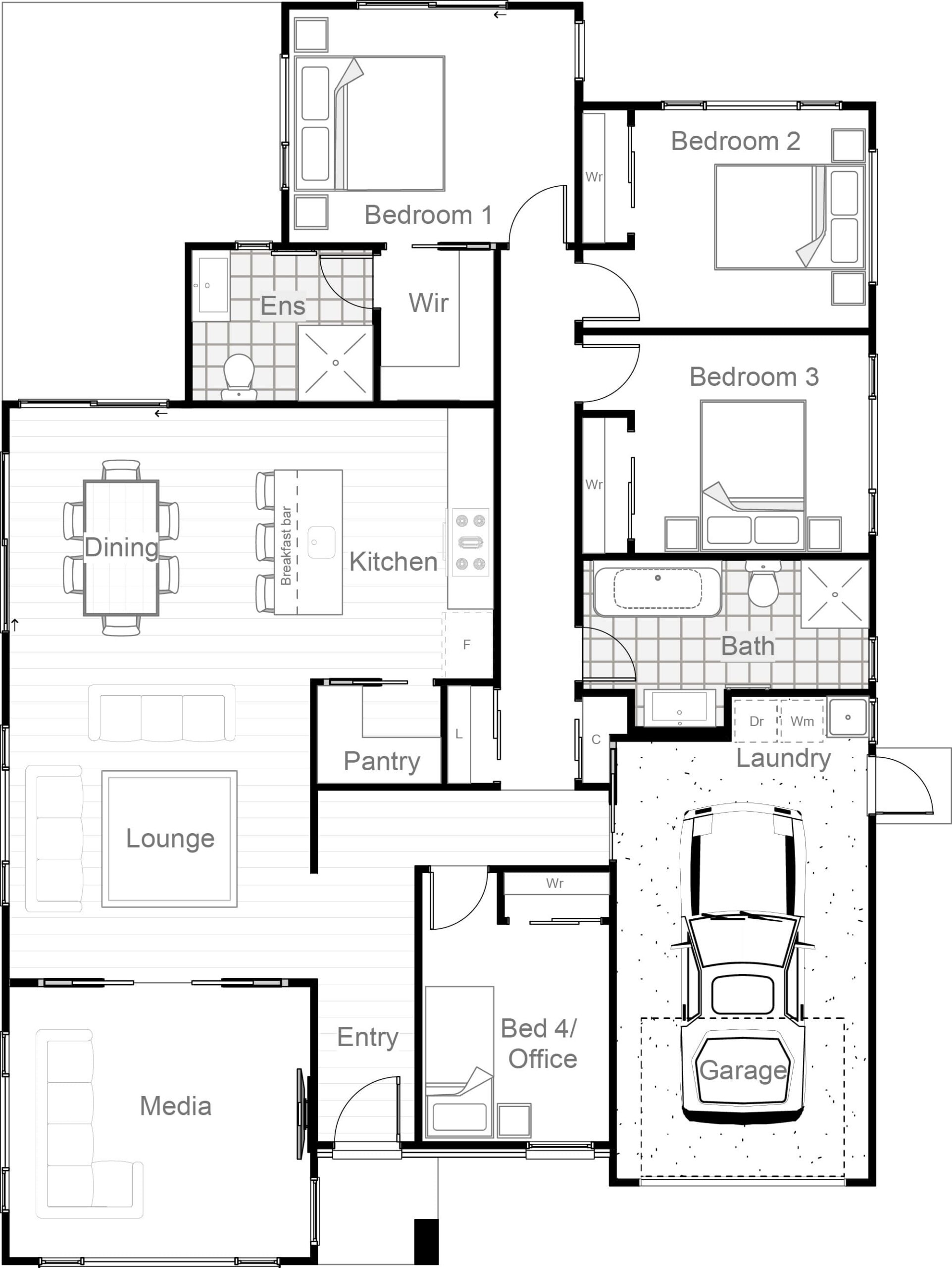 162m² with single garage and media room floor plan