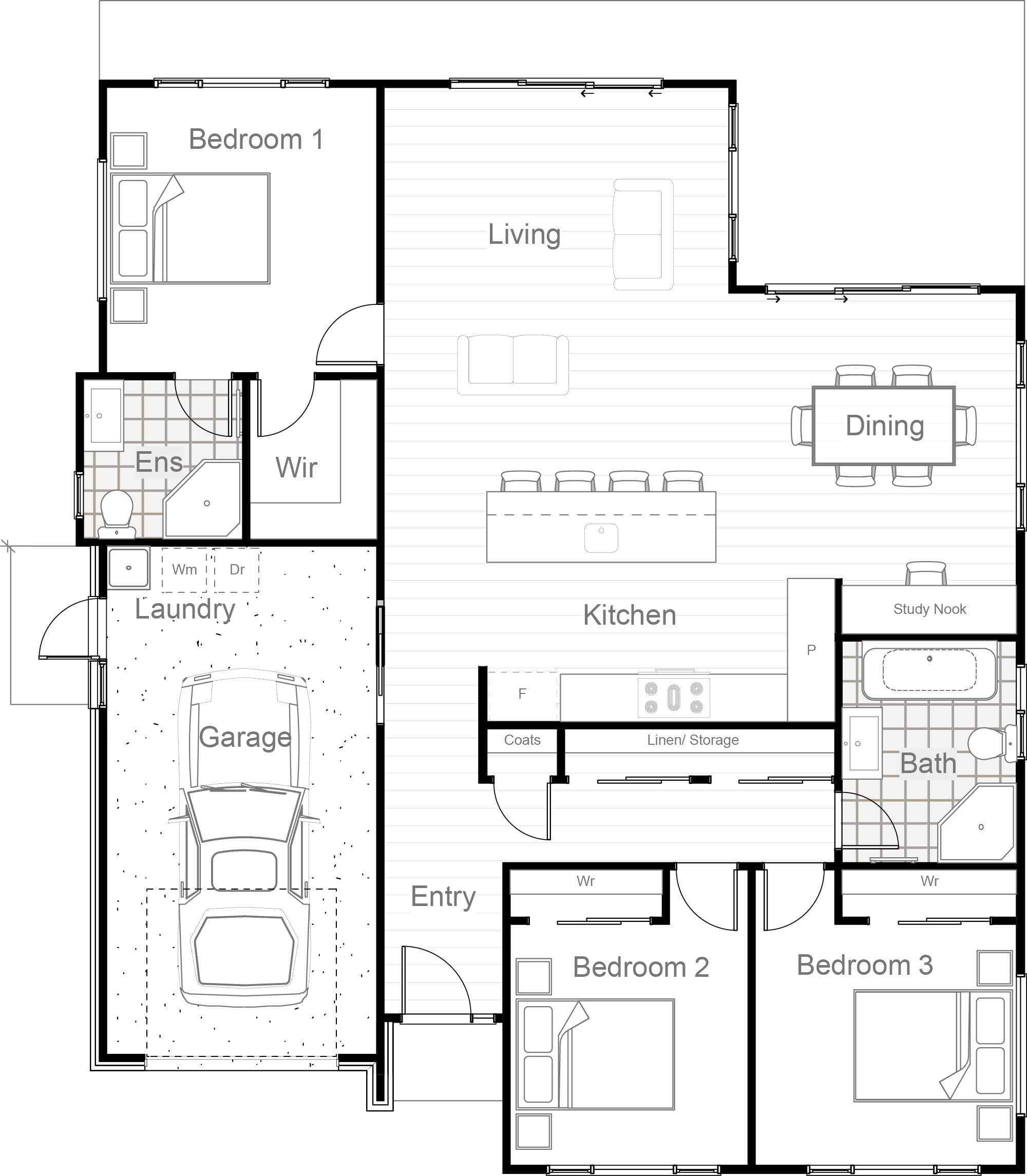 145m² with single garage and study nook floor plan