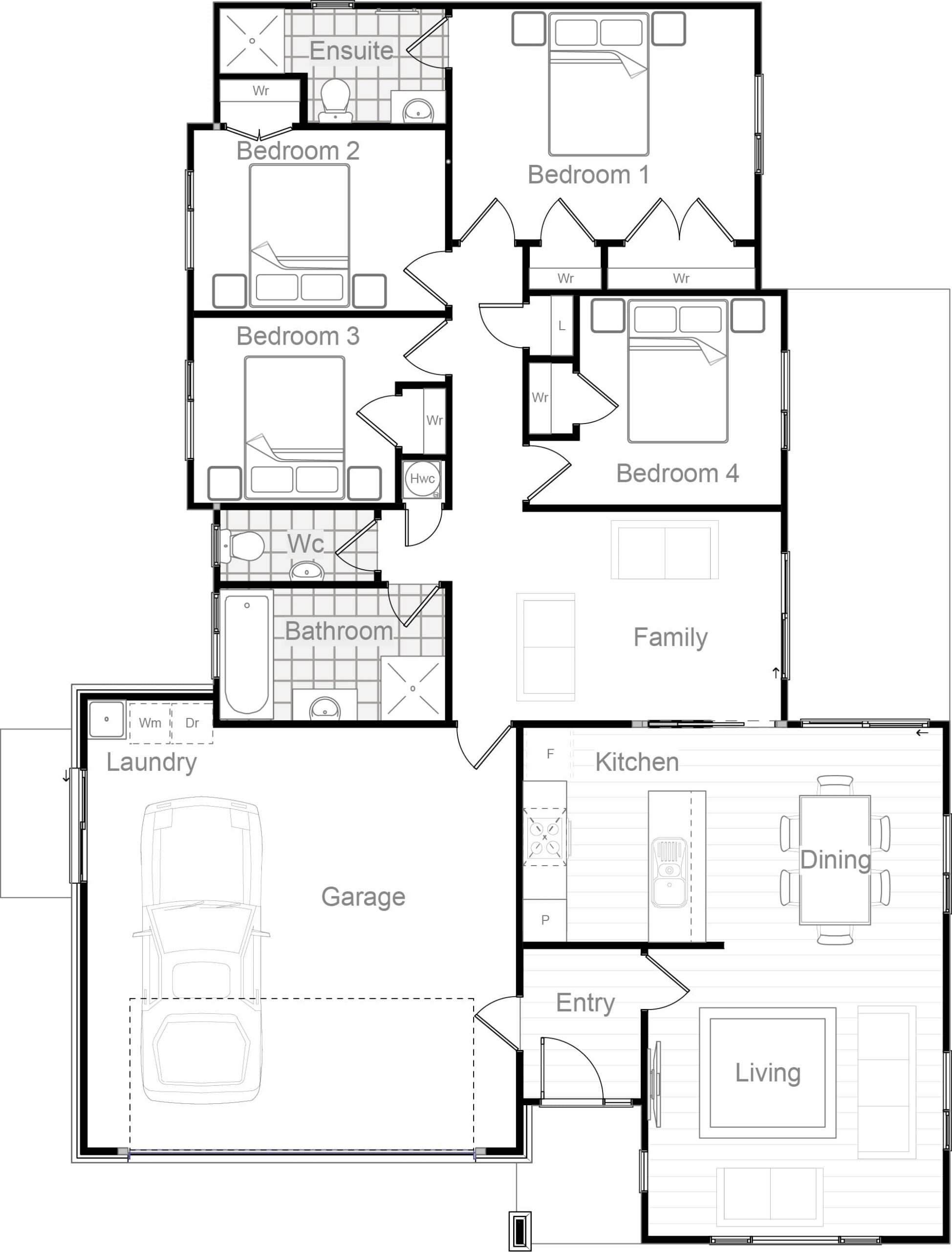 161m² with double garage and family room floor plan
